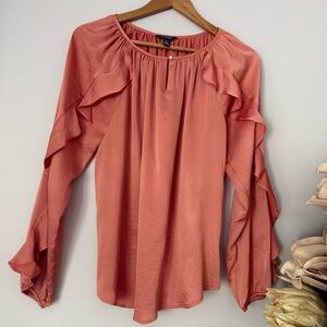 Chaps Women's Ruffle Hammered Satin Peasant Top Blouse in Peach size Small 🍂